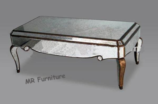 Antique Mirror Couch Table , Rectangle Gold And Mirror Coffee Table Wood Leg