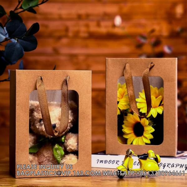 Kraft Paper Bags With Handles Transparent Flower Bouquet Bags For Present Bridal Shower Festivals Party