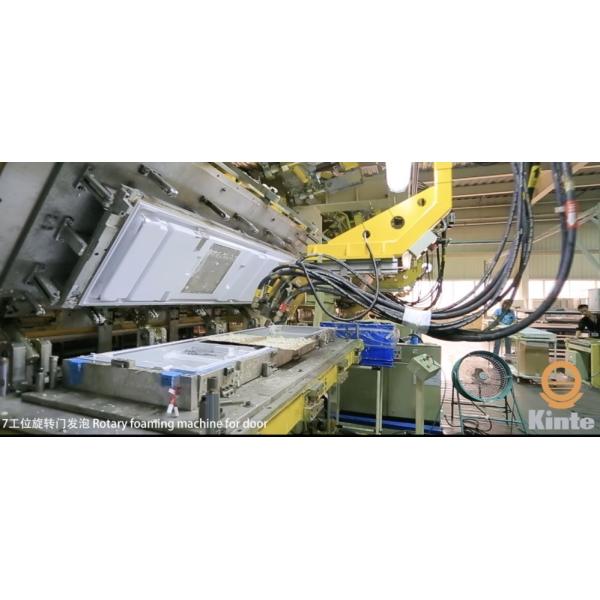 Equipo de producción de electrodomésticos y refrigeradores 7 estaciones línea de espuma de paneles de puertas rotativas