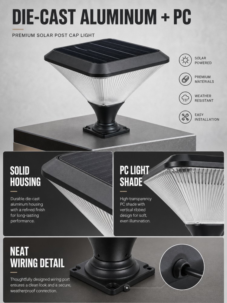 30W 2000LM Monocrystalline Silicon Solar Powered Post Cap Lights For Garden Villa Fence Column Lighting