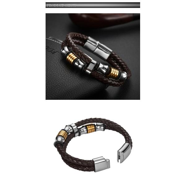 High quality body jewelry double stainless steel woven leather bracelet with magnetic clasp