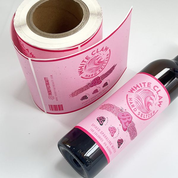 Print Pink Color Synthetic Paper Logo Sticker Waterproof Soda Cans Juice Bottle Packaging Label Roll Custom