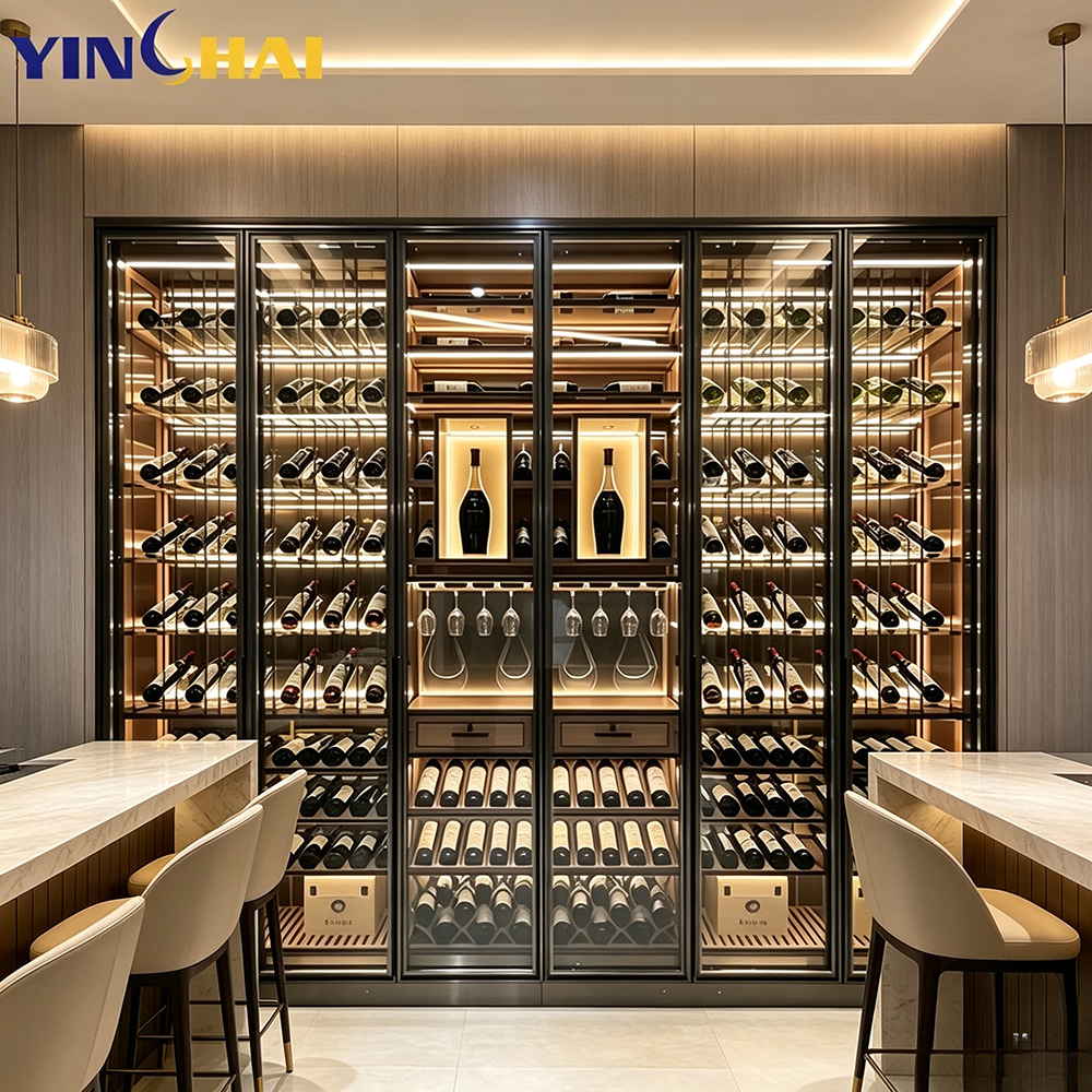 Large Capacity Recessed Wine Cooler Tempered Glass LED Door