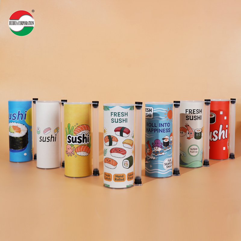 Custom Printed Push Up Sushi Paper Tube Packaging Food Grade Cylinder Can With Soy Sauce Tube Holder