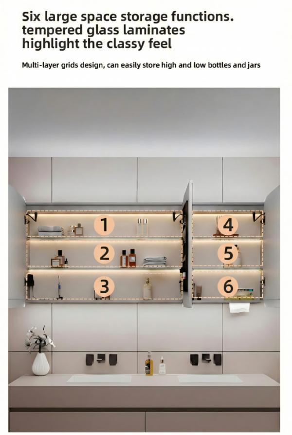Kingstin LED Mirror Cabinet,Mirror with Defogger & Memory Function, Built-in Socket/USB for Hair Dryer, Digital Display