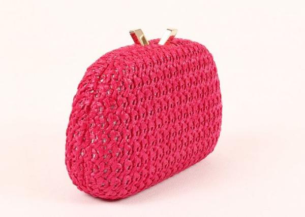 Fuschia Natural  Women Evening Clutch Bags Woven Pattern Hard Case With Long Chain