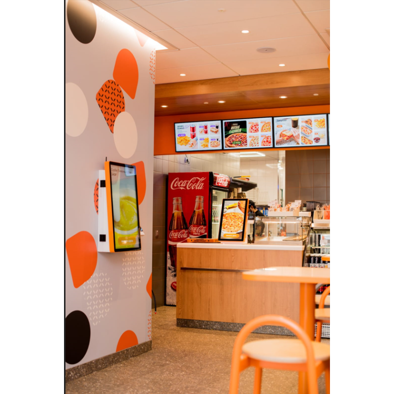 24 Inch Orange Side Table Self Service Kiosk With Payment Machine Holder and Full HD Touch Screen