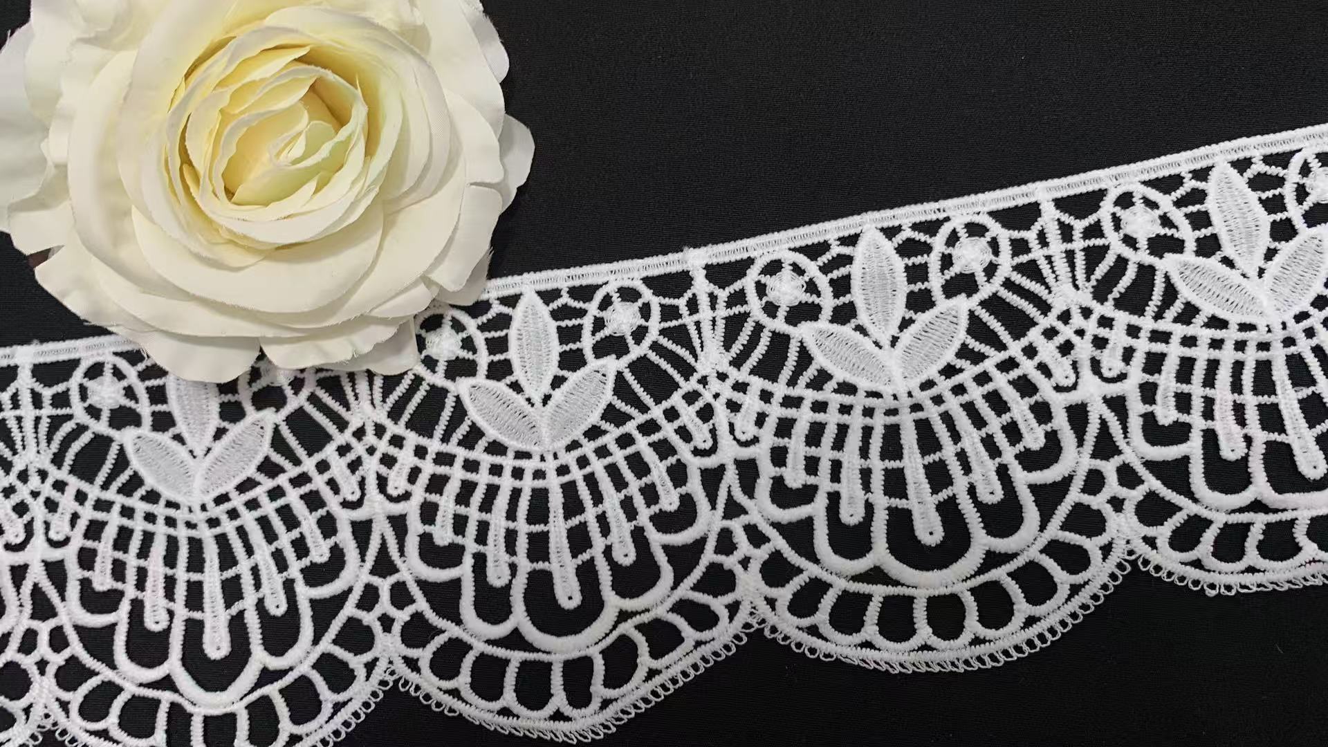 Milk Yarn Chemical Lace Trim 10cm Width Water Soluble with Vintage Leaf-scroll Scallop Design for Wholesale Lace Accessory