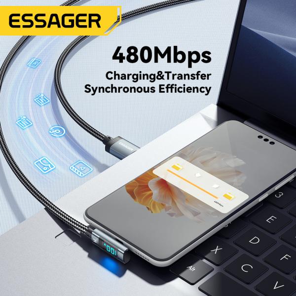 100W 7A USB A To C Fast Charging Phone Cable Digital Display 1m 2m ESSAGER ES-X47