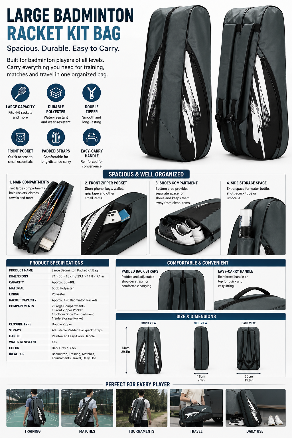 Large Badminton Racket Bag, Durable Polyester Kit Bag with Double Zipper, Front Storage Pocket, Padded Straps & Carry Handle