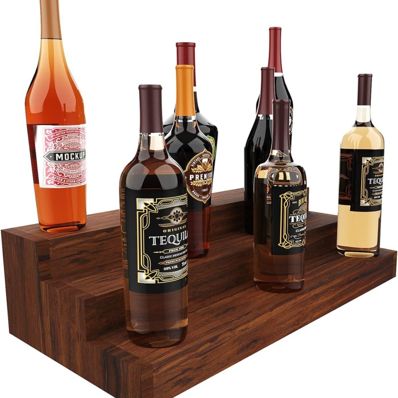 Three Tier Vintage Wine Rack Solid Wood Stepped Display Cabinet for Wine Bottle Storage Home Bar Organizer