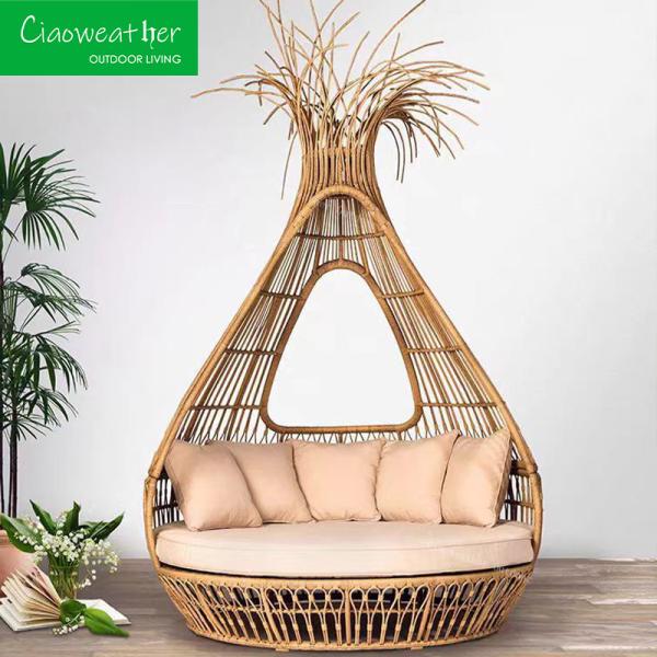 Modern Outdoor Furniture Wicker Bird's Nest Shaped Sofa Bed with Waterproof Cushion and Woven Rattan Beds