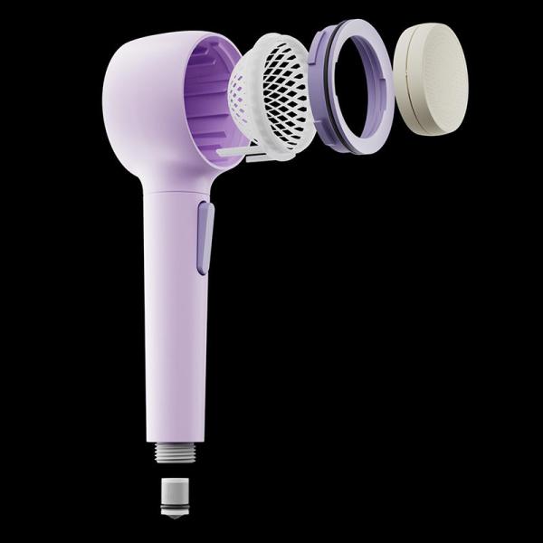 High-pressure shower head with 360° rotatable spray nozzle that can be stopped with one button. 4 spray modes for massaging the bathroom shower.