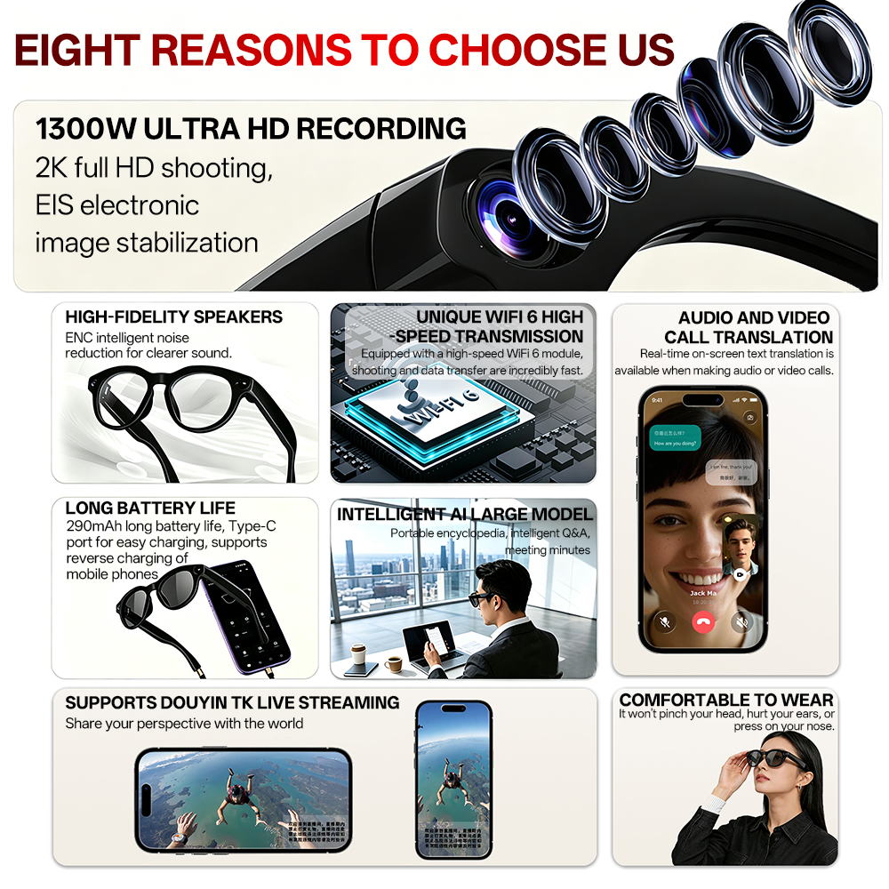 Real Time Smart AI Translation Glasses Take Picture Video Recording Audio Call