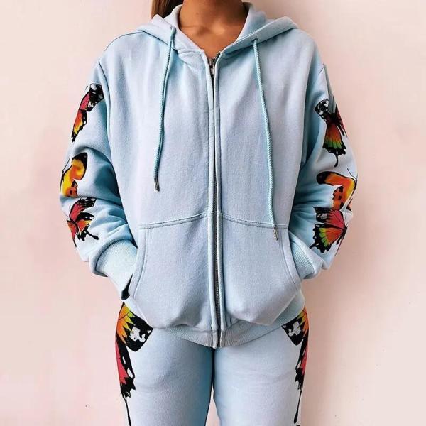                  Casual Print Long Sleeve Cardigan Hoodie Sweatpants Women 2 Piece Sweatsuit Tracksuit Set             