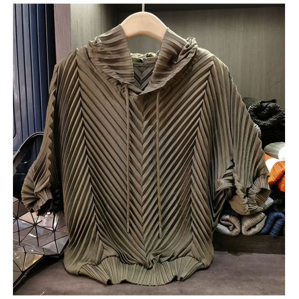 Hooded Pleated Lazy Style Summer Korean Version Loose Short Sleeved Solid Color T-shirt Top for Women