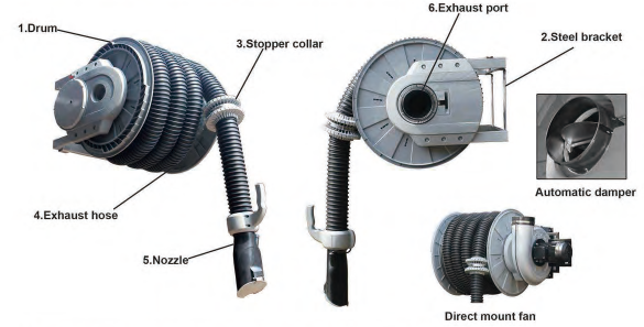 Retractable Exhaust Hose Reel System for Automotive Plant Maintenance Vehicle Fume Extractor