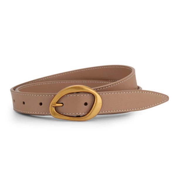 Thin Adjustable Belt Genuine Leather Belts for Women Matte Gold Oval Buckle Belts for Dresses
