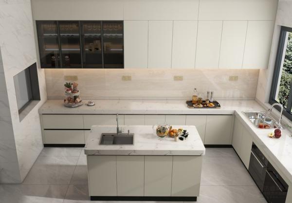 Off-White Stainless Steel U-Shaped Kitchen Cabinet With Seamlessly Integrated Design