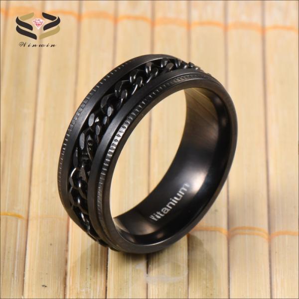 Gear Step Edge Black Titanium Rings Stainless Steel Chain Braided Inlay 8mm