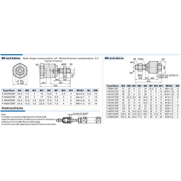 AIRTAC joint flottant en alliage d'acier F-M3X050F F-M4X070F F-M5X080F F-M6X100F F-M8X125F F-M10X125F F-M12X125F F-M14X150F F-M16X150F F-M18X150F F-M20X150F F-M22X150F F-M26X150F F-M27X200F F-M36X200F
