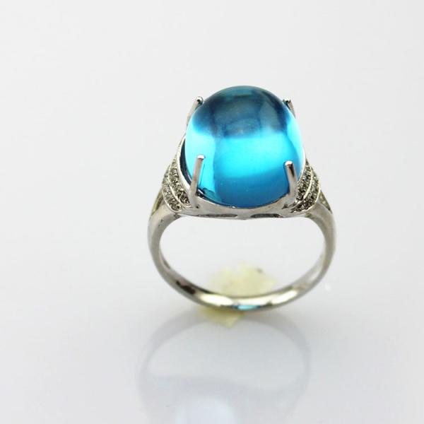 Sterling Silver Cubic Zircon  Ring 12mm x14mm Oval Dome Cut Blue Topaz Ring (R149)