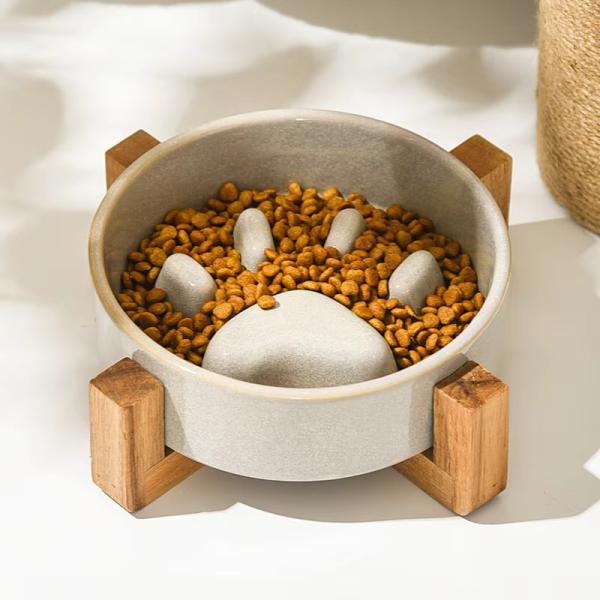 Ceramic Pet Bowl Dog Slow Feeder with Wooden Frame Applicable Pet Dogs Customize logo Color Packaging LCD Display NO