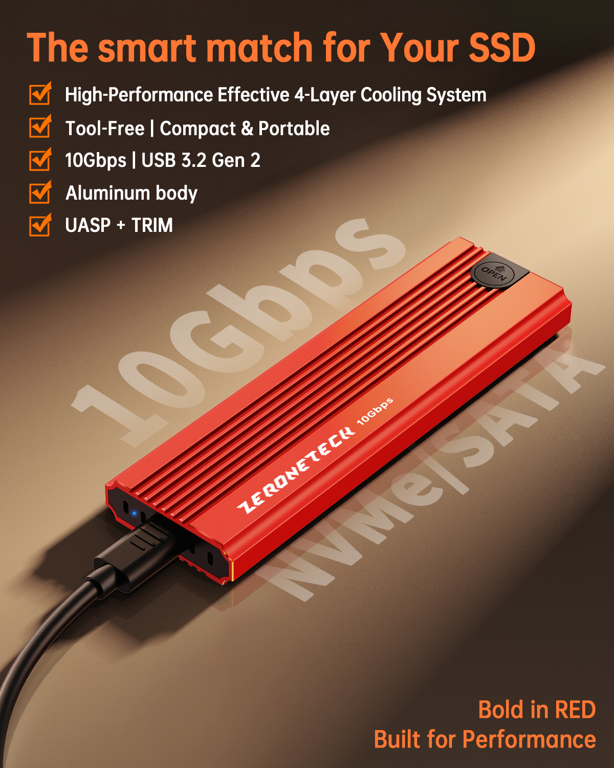 Aluminum Alloy M.2 SSD Enclosure 10Gbps External SSD Enclosure With Tool Free Installation