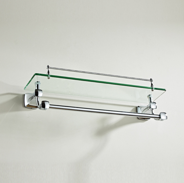 Stainless Steel Single Layer Bathroom Glass Shelf with Towel Bar Shower Rectangular Rack Wall Mounted Cosmetic Holder
