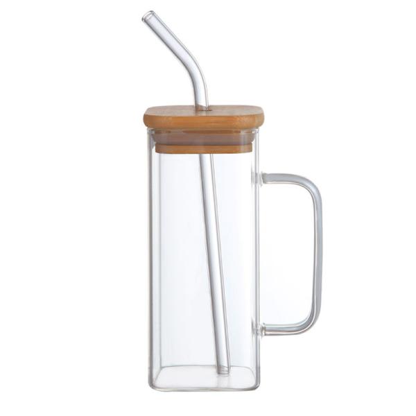 Sustainable 350ml Clear Glassware Drinkware Iced Coffee Tea Mug with Lid and Straw Handle