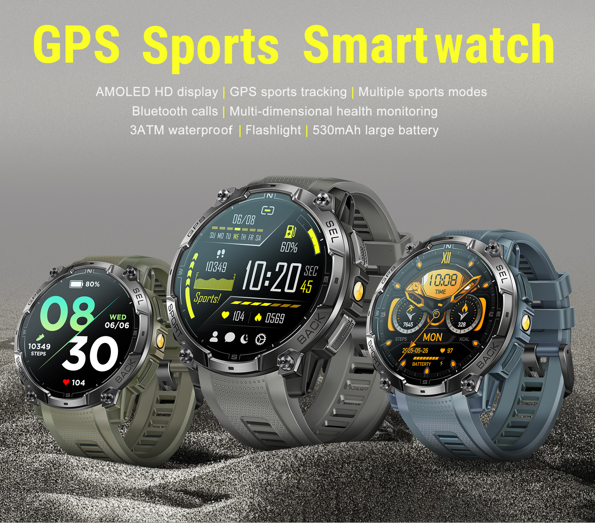 New K76A Android Smart Watch GPS Amoled Display Chip ATS3085L 3ATM Waterproof BT Call Message Push Compass LED Flashlight SDK