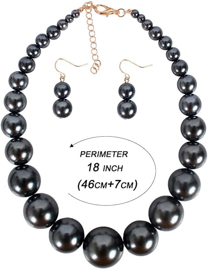 Large Style Big Gray Imitate Pearl Strand Choker Necklace With Earrings Set