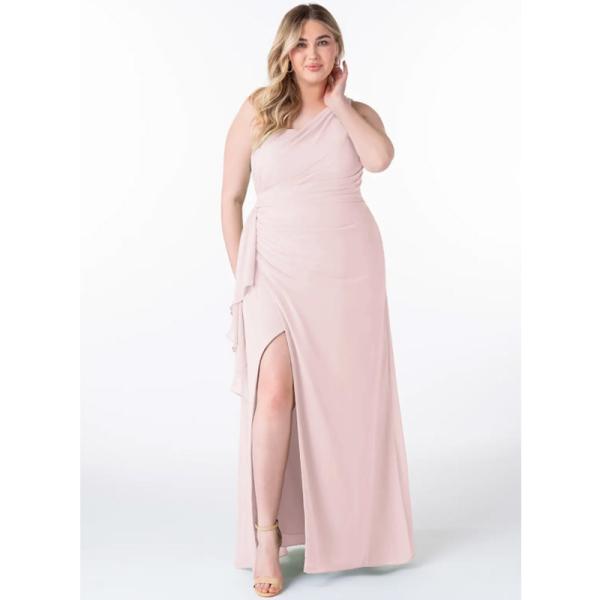 Fashionable Fitted Pleated Ruffle Chiffon Long Bridesmaid Dress Blushing Pink Sleeveless One-Shoulder Plus Size