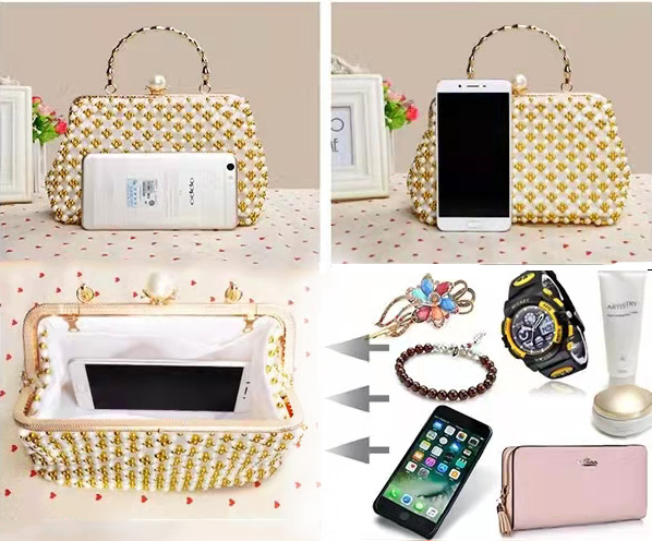 Gold Pearl Beaded Evening Bags Hand Woven with Metal Wrist OEM ODM