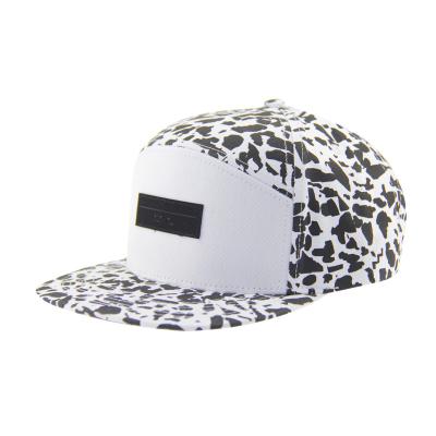 Fashion Allover Print 5 Panel Camp Caps With Leather Patch Embossed Logo On Front