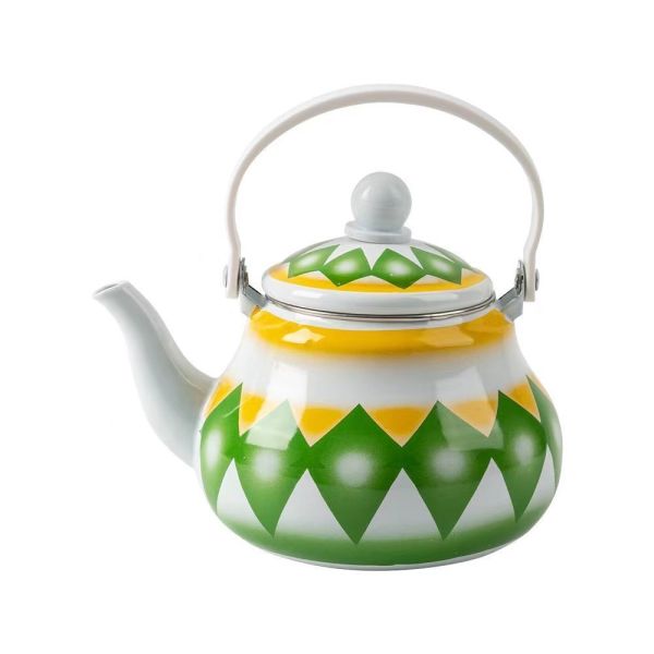 Customized Logo Enamelled Kettle Teapot Coffee Pot With Red Blue Yellow Geometric Pattern