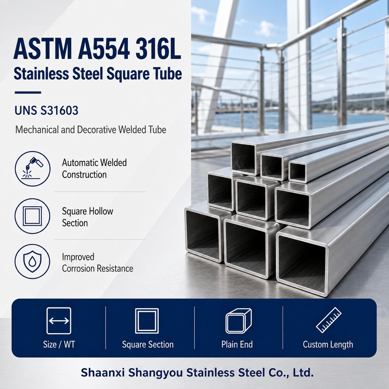 ASTM A554 316L Welded Stainless Steel Square Tube Ornamental and Structural Grade