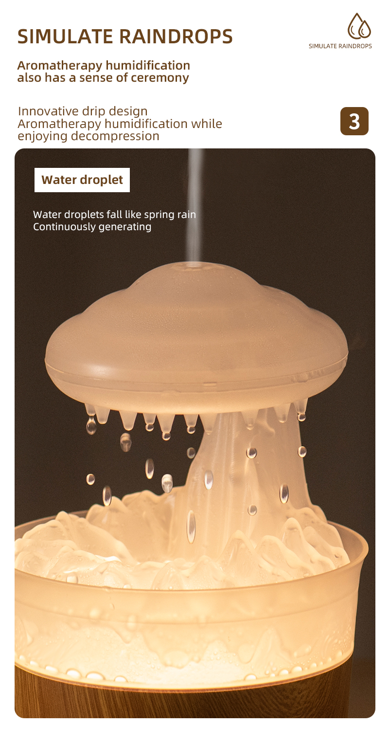 New Arrival Portable Electric Wood Grain Air Rainfall Mushroom Water Drop Aroma Diffuser Rain Cloud  Humidifier