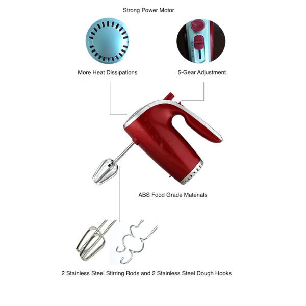 Red 201-250W Mini Electric Egg Beater Household Handheld  5 Speed