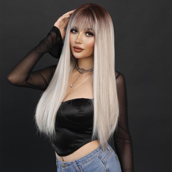 Fashion Long Straight Dark Root Hair Blonde Synthetic Wigs For Women