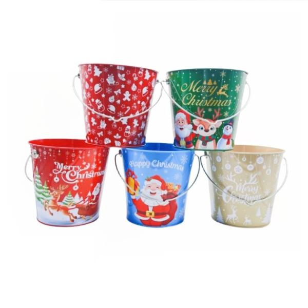 Promotional Custom Tinplate Bucket Metal Barrel Storage Container Promotional Christmas Tin Pail for Gifts