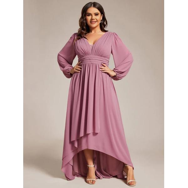 V-neck Plus Size Enchanting Lotus Leaf Lantern Sleeve Pleated Empire High Waist A-line Dark Green Chiffon Prom Dress
