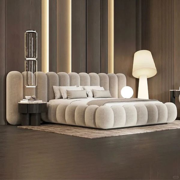 MOYI Designer Bedroom Bed Upholstered Double Minimalist Fabric Bed Queen Size Bed Frame Modern BED