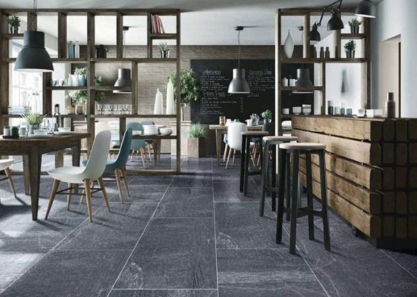 Dark Grey Color Rectangular Ceramic Floor Tile Stone Look Ink - Jet Printing