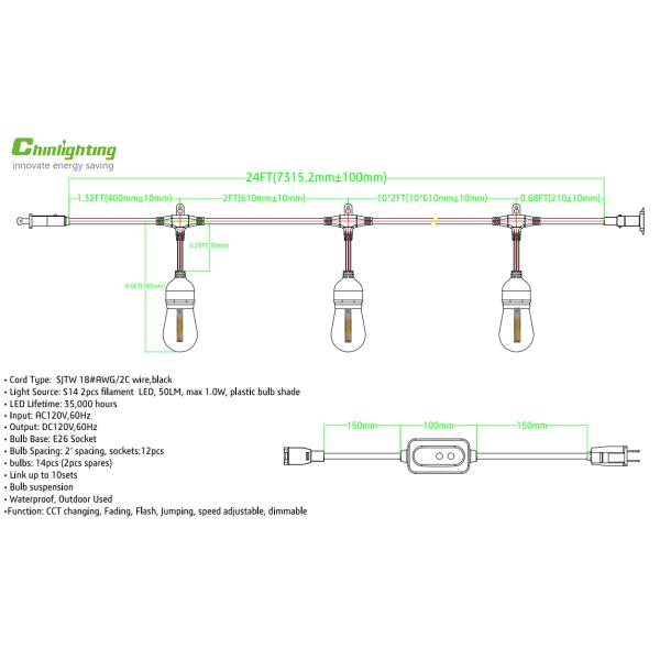 Warm White/Nature White Waterproof Outdoor S14 Edison Bulbs String Lights Connectable Remote Control Shatterproof Festoon Lights