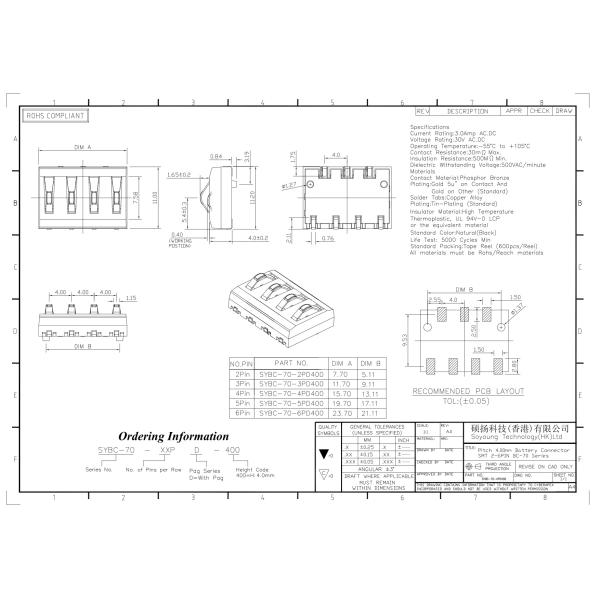 3.0AMP тип соединителя батареи 2-6Pin тангажа 4.00mm SMT с колышками