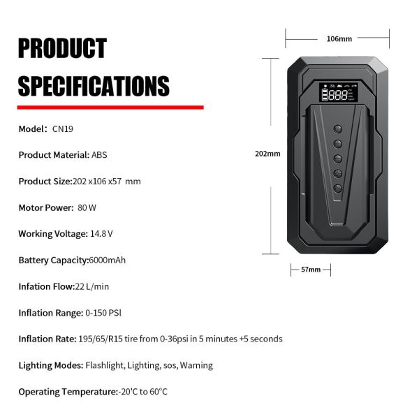 6000MAh 12V Digital Portable Tire Inflator 150psi ABS 2 In 1 Air Compressor Jump Starter Jump For Car