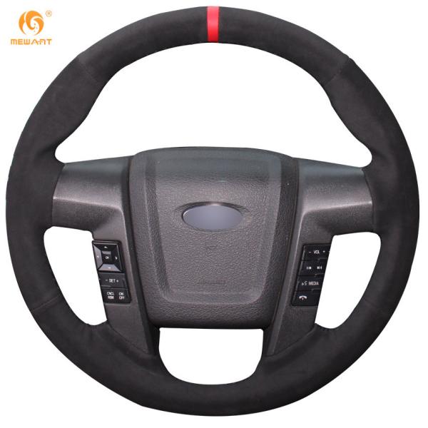 Hand Sewing Stitching Black Suede Red Stripe Steering Wheel Cover for Ford F150 F-150