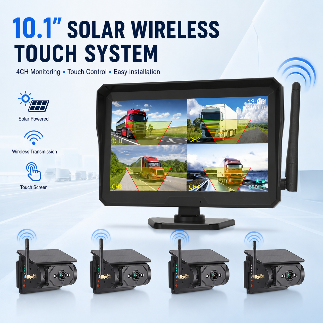 10.1 Inch 4CH Wireless Rear View Camera System Solar Magnetic Backup Camera Monitor for Truck Trailer RV Caravan