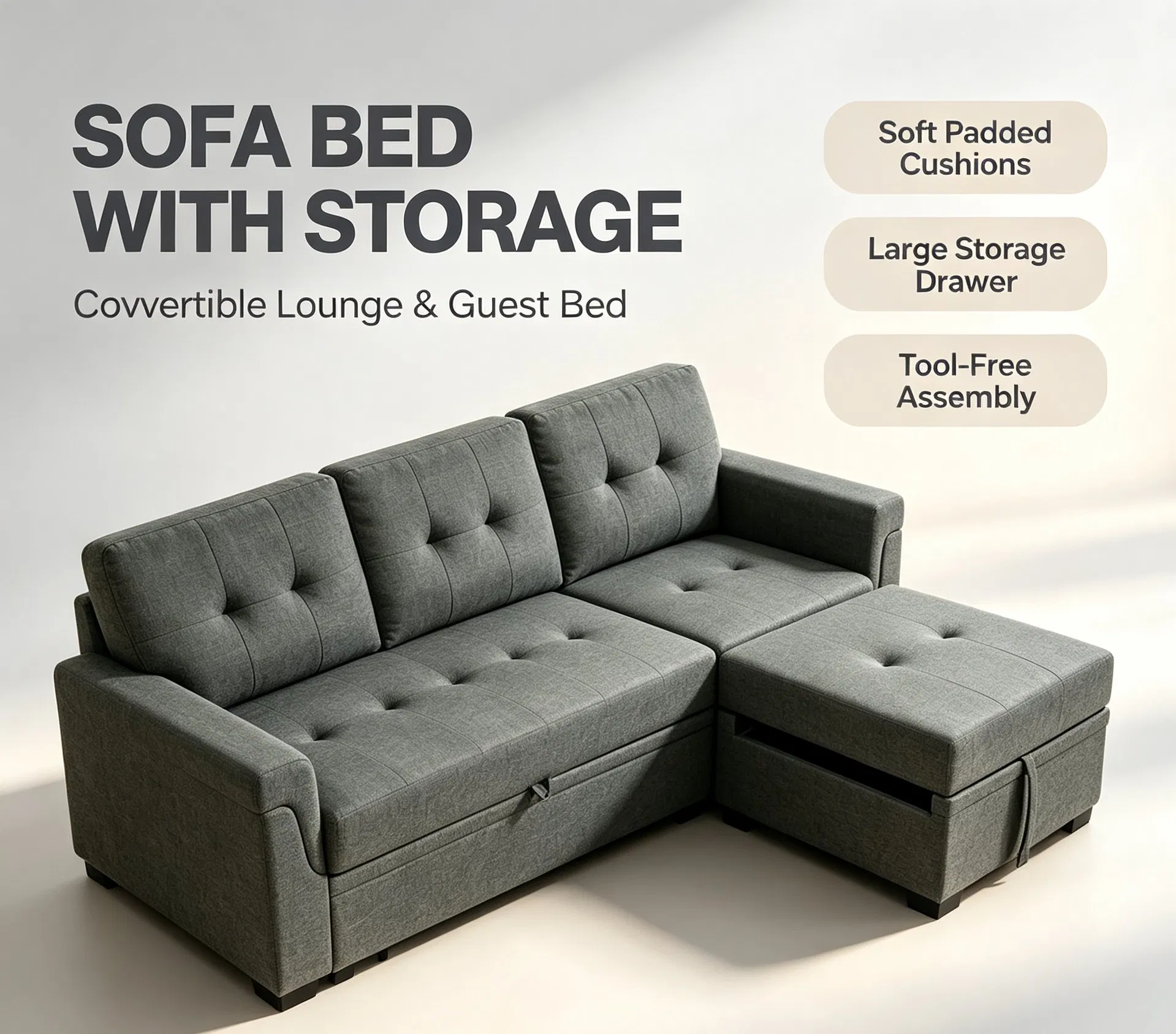 Double Arm Cup Holders Linen Pull out Sofa Bed for Holiday Home Interior